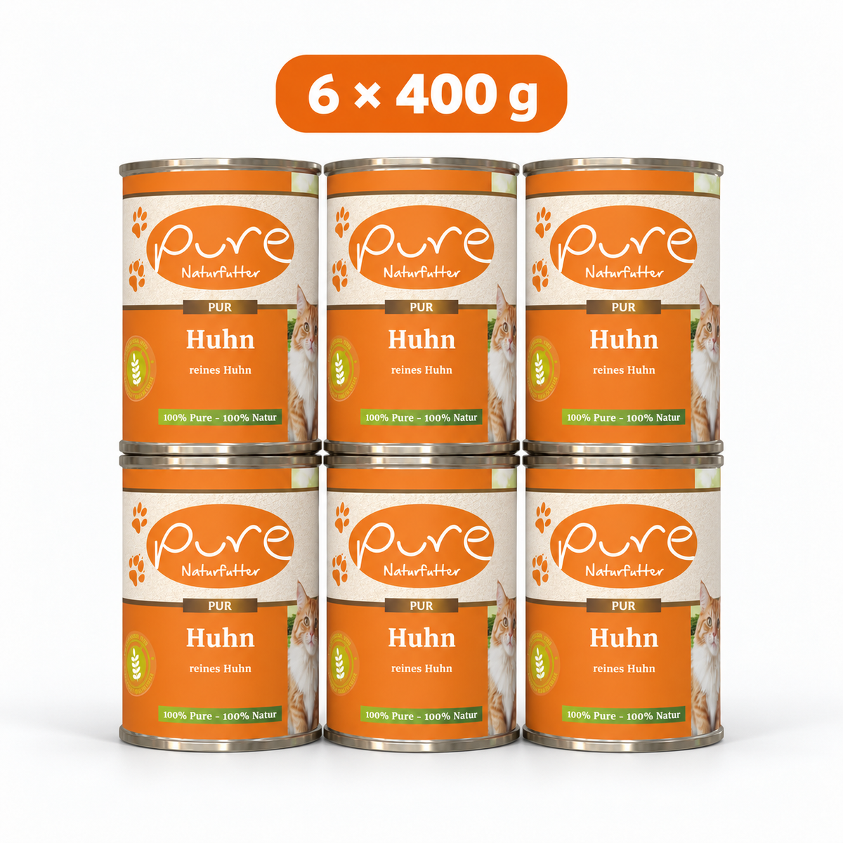 PURE Katzenmenü Huhn, reines Huhn Sparpaket mit sechs Dosen à 400 g