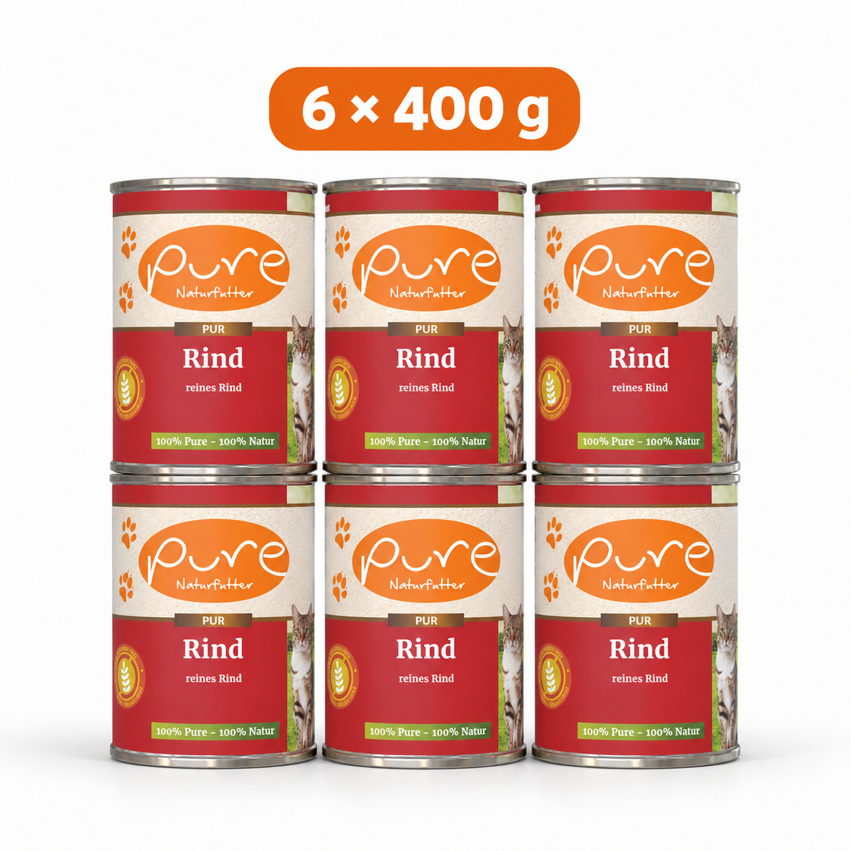PURE Katzenmenü Rind, reines Rind Sparpaket mit sechs Dosen à 400 g