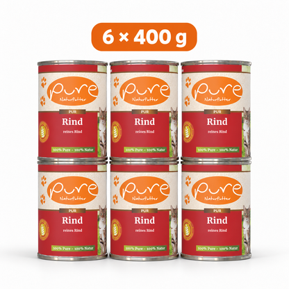 PURE Katzenmenü Rind, reines Rind Sparpaket mit sechs Dosen à 400 g