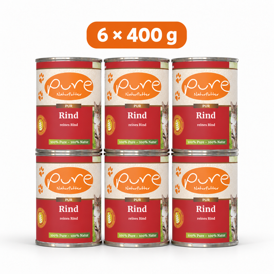 PURE Katzenmenü Rind, reines Rind Sparpaket mit sechs Dosen à 400 g