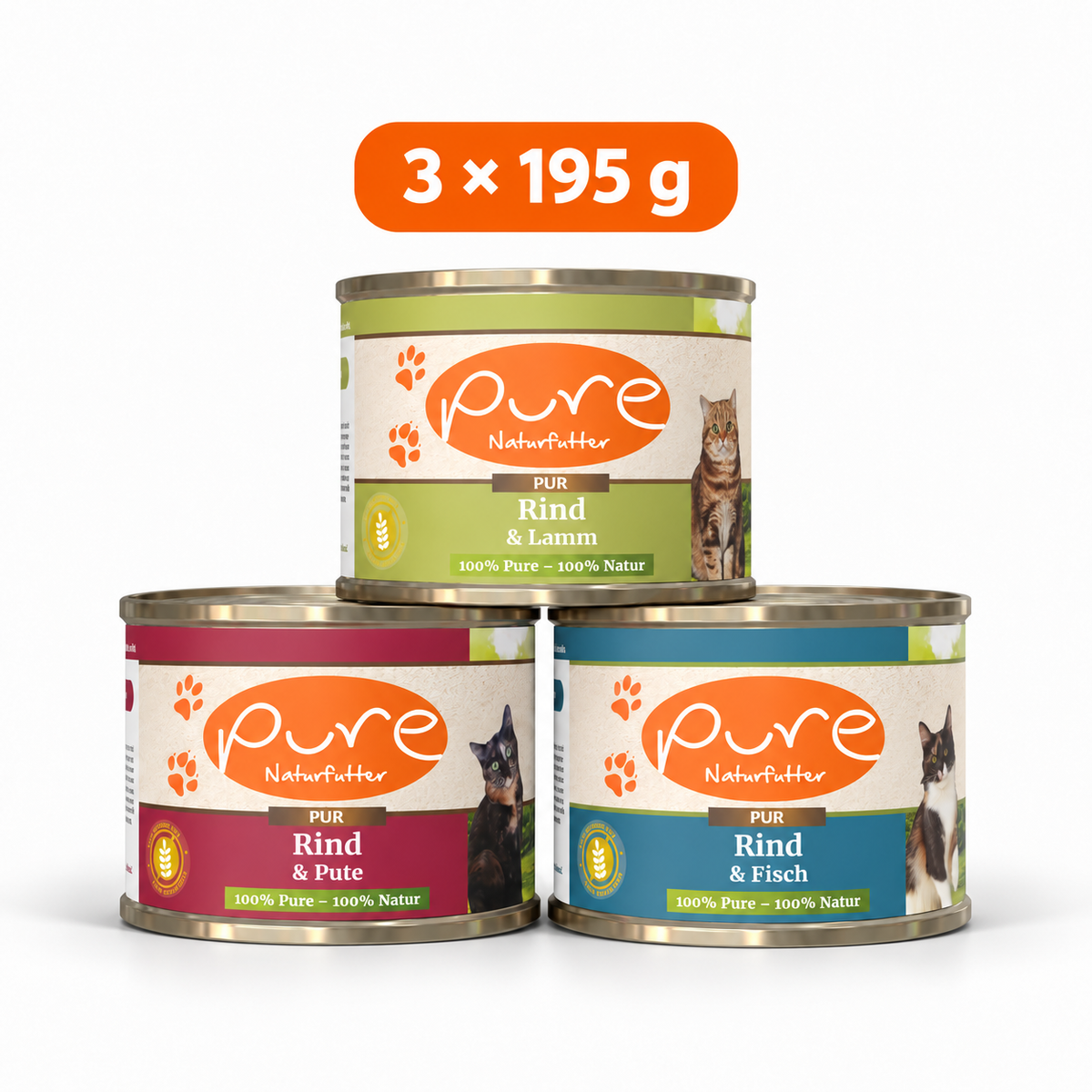 PURE Katzenmenü Probierpaket: drei Dosen à 195 g, je eine Rind & Pute, Rind & Lamm und Rind & Seelachs