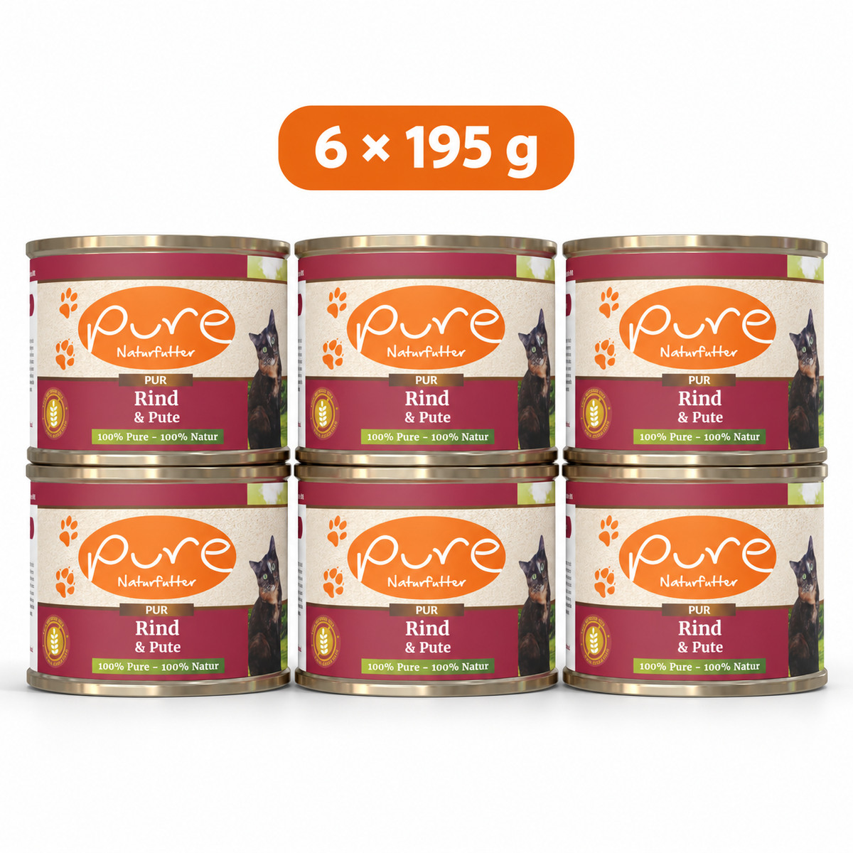 PURE Katzenmenü Rind & Pute Sparpaket mit sechs Dosen à 195 g