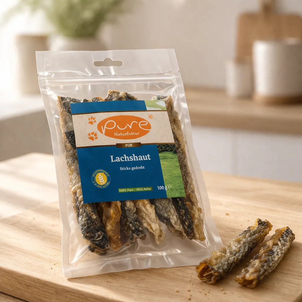 PURE Lachshaut Sticks für Hunde auf Holzbrett, gedrehte Kausnacks aus getrockneter Lachshaut