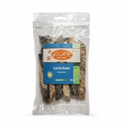 PURE Lachshaut Sticks für Hunde in Verpackung, gedrehte Fischsnacks aus 100 Prozent Lachshaut