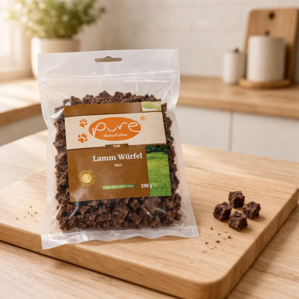 PURE Lamm Würfel Mini für Hunde auf Holzbrett, natürlicher Trainingssnack aus Lammfleisch