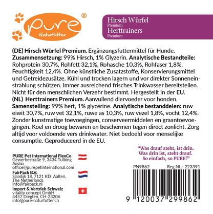 PURE Naturfutter Hirsch Würfel Premium 200 g Rückseite – Zusammensetzung: 99 % Hirsch, ohne Getreide und ohne künstliche Zusätze, Ergänzungsfuttermittel für Hunde.
