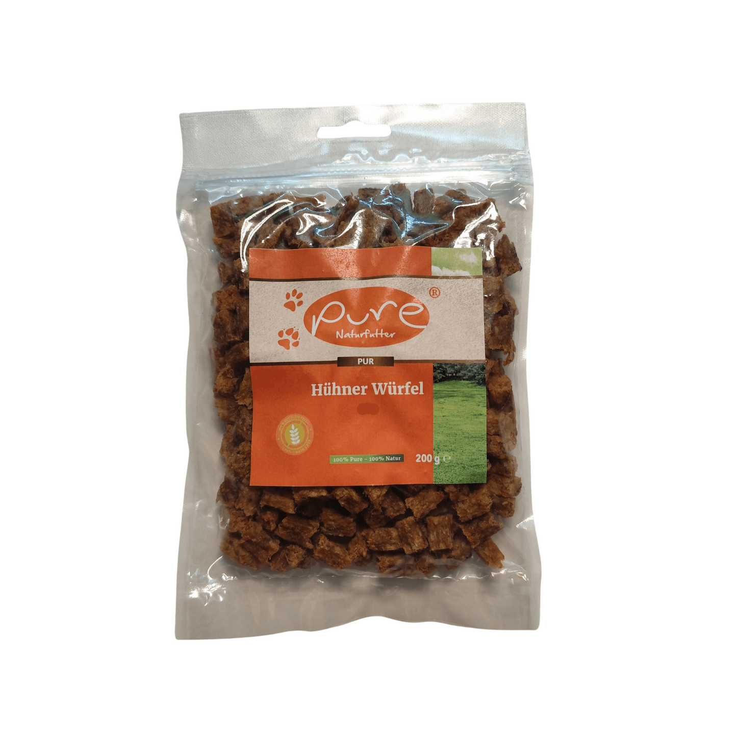 Kleine Hühner Würfel von Pure Naturfutter – natürlicher Hundesnack aus Huhn, schonend getrocknet, proteinreich, perfekt für Welpen, Senioren und empfindliche Hunde.