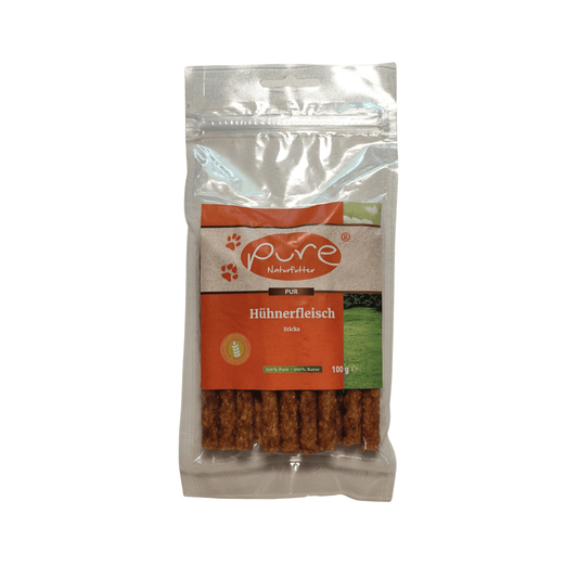 Hühnerfleisch Sticks von Pure Naturfutter – hochwertiger Hundesnack aus reinem Huhn, ohne künstliche Zusätze, proteinreich und perfekt für Training oder Zwischendurch.