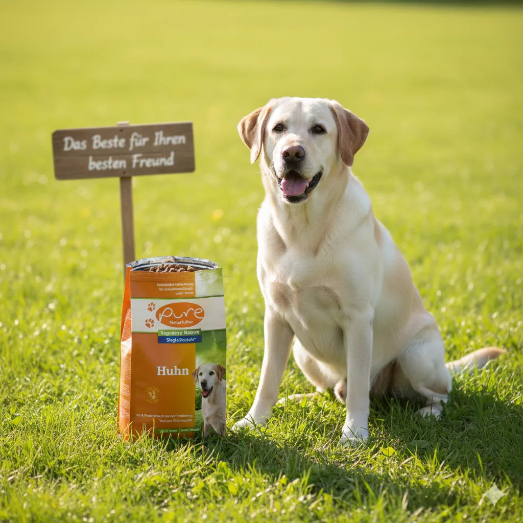 Labrador sitzt auf einer Wiese neben PURE Naturfutter Hundefutter Huhn – natürliches Premiumfutter für Hunde