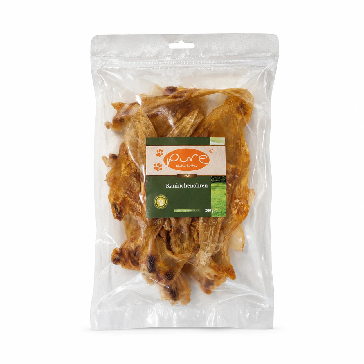 PURE Naturfutter Kaninchenohren 200 g, natürlicher Kausnack für Hunde im transparenten Beutel