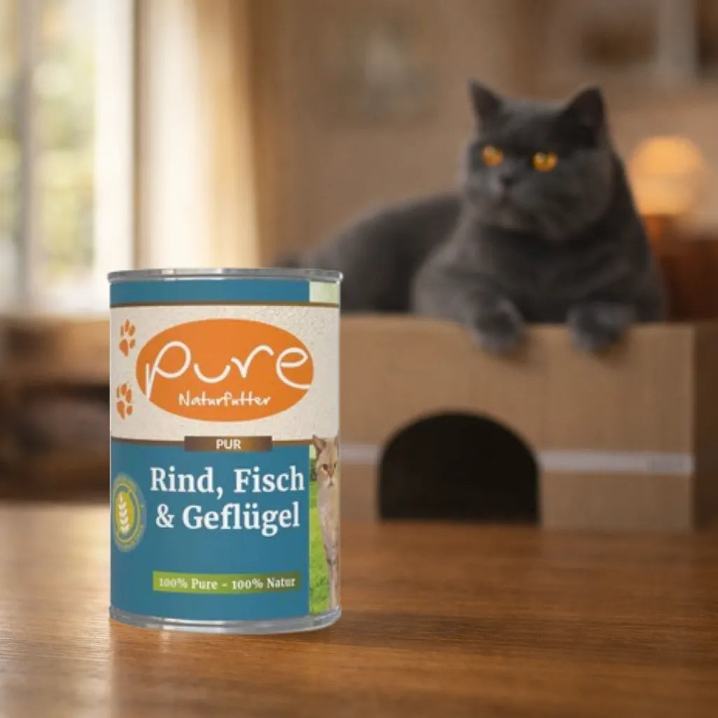 PURE Rind, Fisch & Geflügel Katzen-Nassfutter, enthaltene Sorte im 6er-Sparpaket