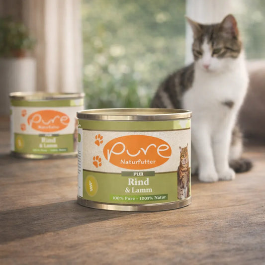 Pure Naturfutter Katze Nassfutter Rind und Lamm, hochwertiges Katzenfutter ohne Getreide, Katze im Hintergrund