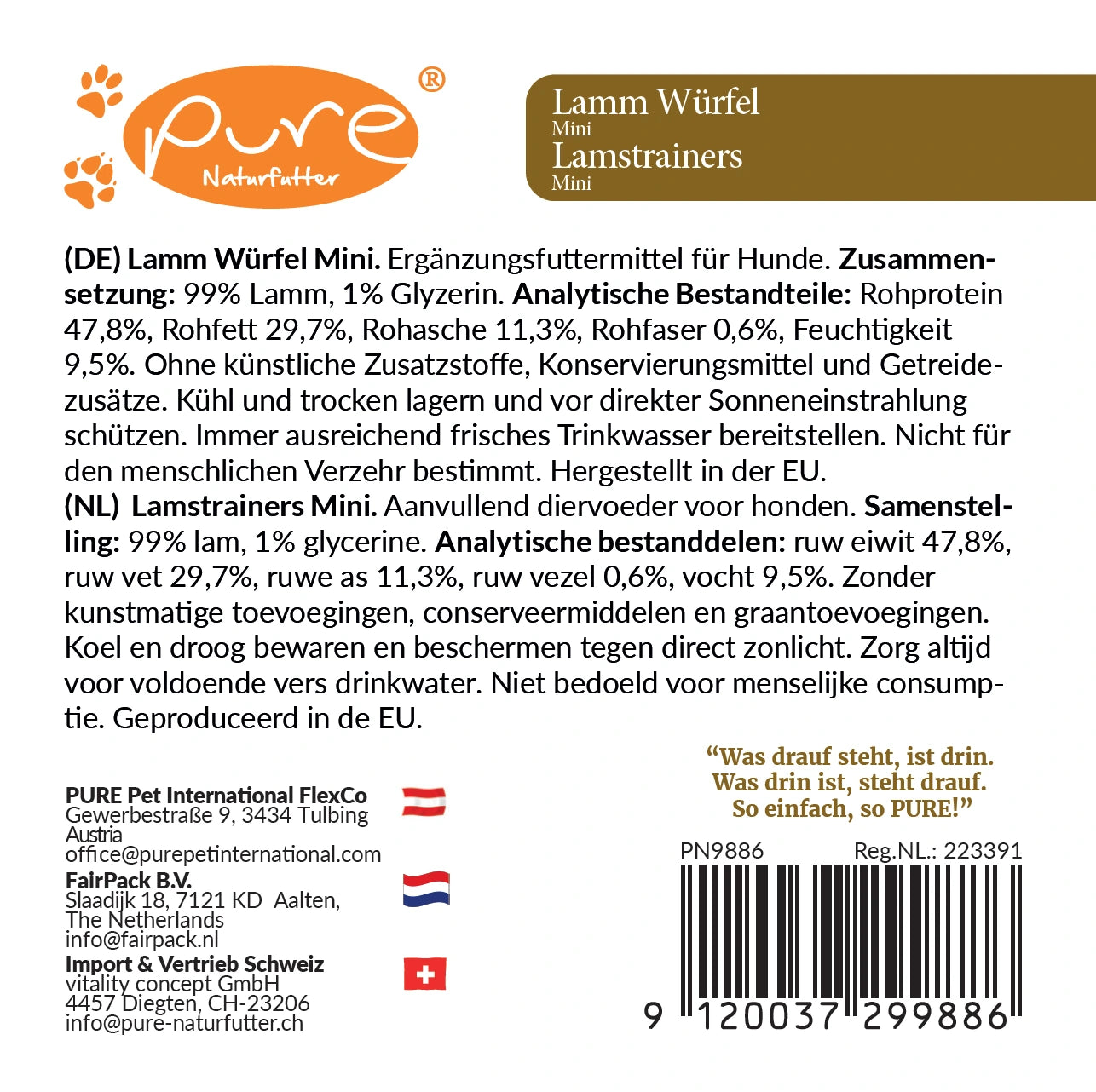 PURE Naturfutter Lamm Würfel Mini 200 g Rückseite – Zusammensetzung mit 99 % Lamm, ohne künstliche Zusatzstoffe, Ergänzungsfutter für Hunde