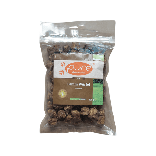 Lamm Würfel Premium von Pure Naturfutter – hochwertige Fleischsnacks für Hunde, 200 g Packung, schonend verarbeitet, ohne künstliche Zusätze, perfekt für Training und Belohnung.