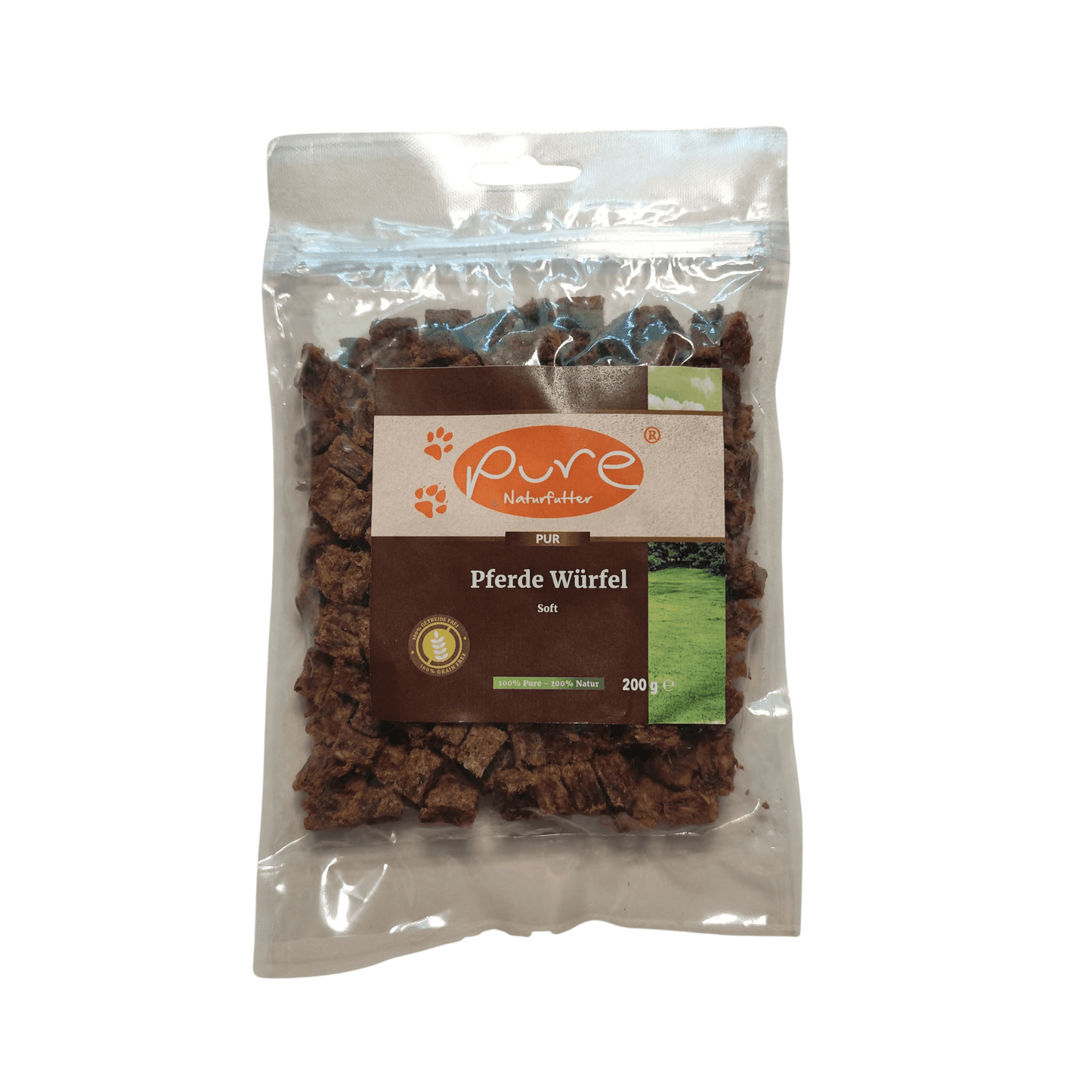 Pferde Würfel Soft von Pure Naturfutter – hochwertige, schonend verarbeitete Hundesnacks aus Pferdefleisch, 200 g Packung, perfekt für kleine Rassen, Training und sensible Hunde.