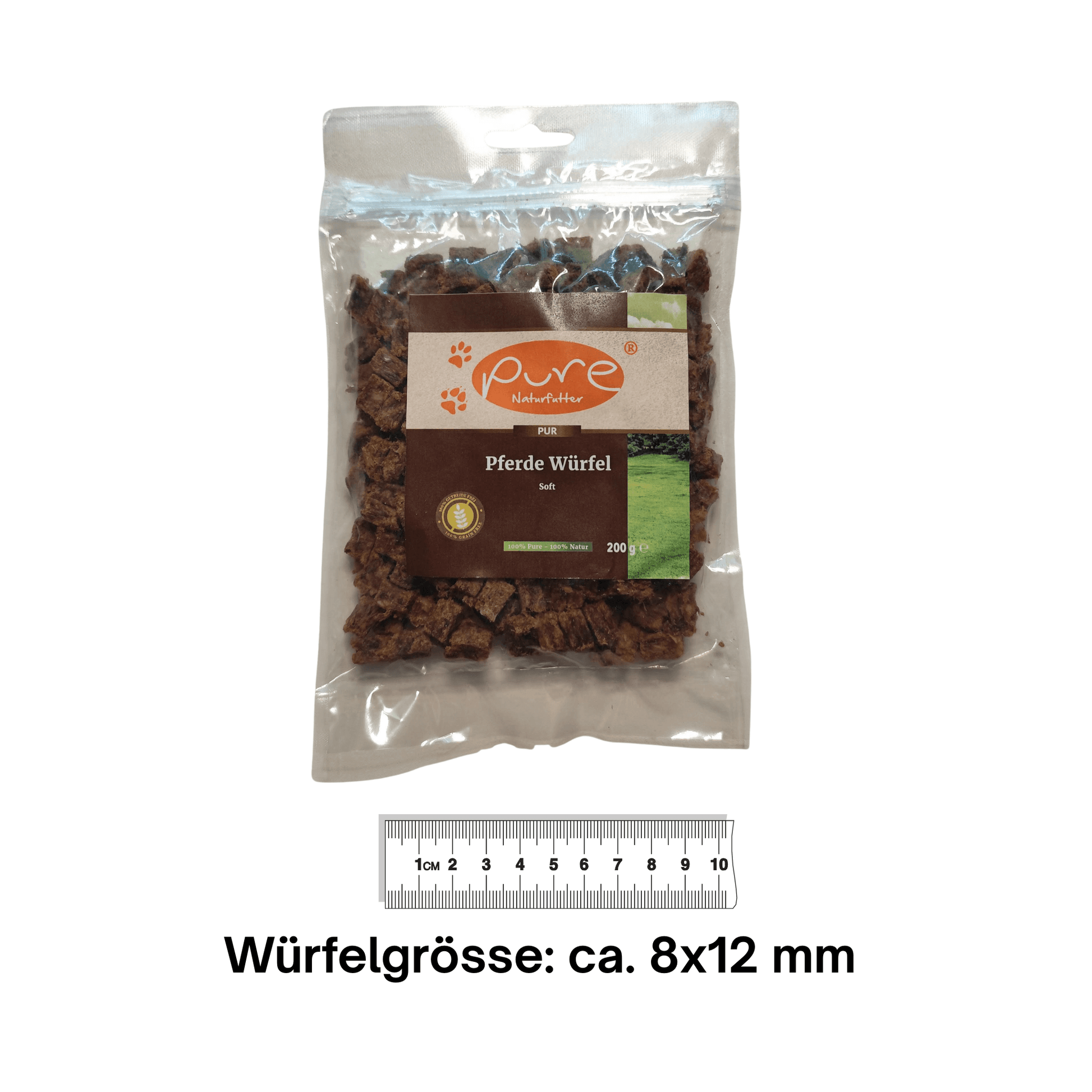 Pure Naturfutter Pferde Würfel Soft 200 g – natürliche, weiche Fleischsnacks für Hunde, Würfelgröße ca. 8x12 mm, ideal für Training, Belohnung und empfindliche Hunde, ohne künstliche Zusätze.