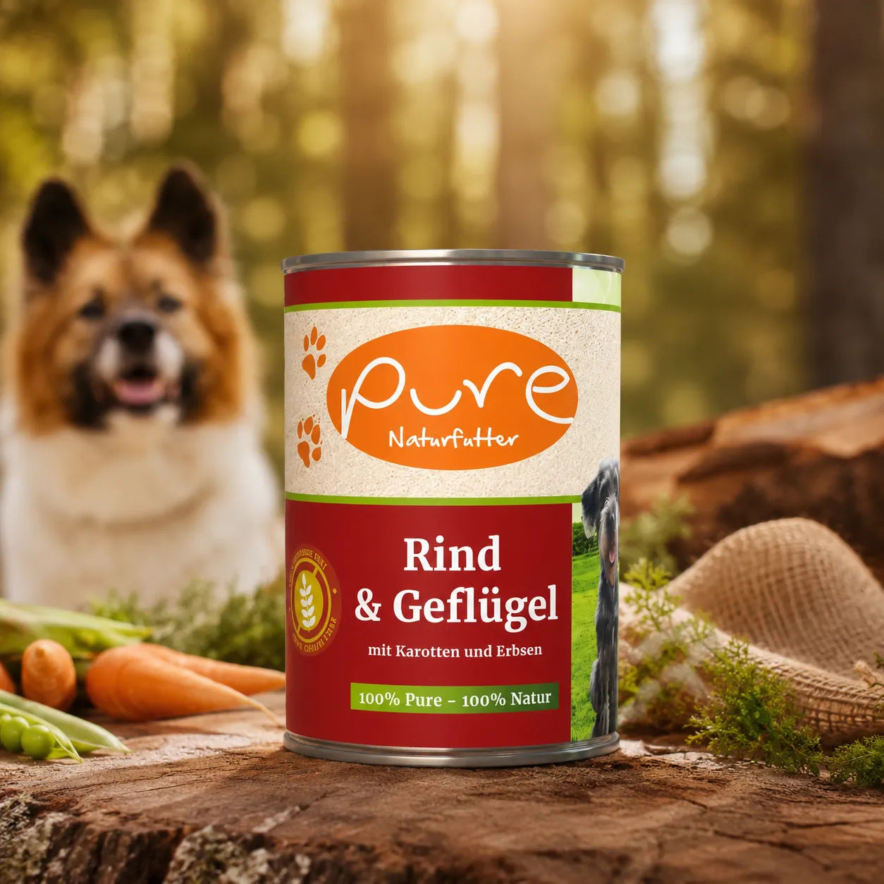 PURE Naturfutter Rind und Geflügel Hundefutter mit Karotten und Erbsen