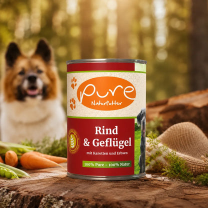 PURE Naturfutter Rind und Geflügel Hundefutter mit Karotten und Erbsen