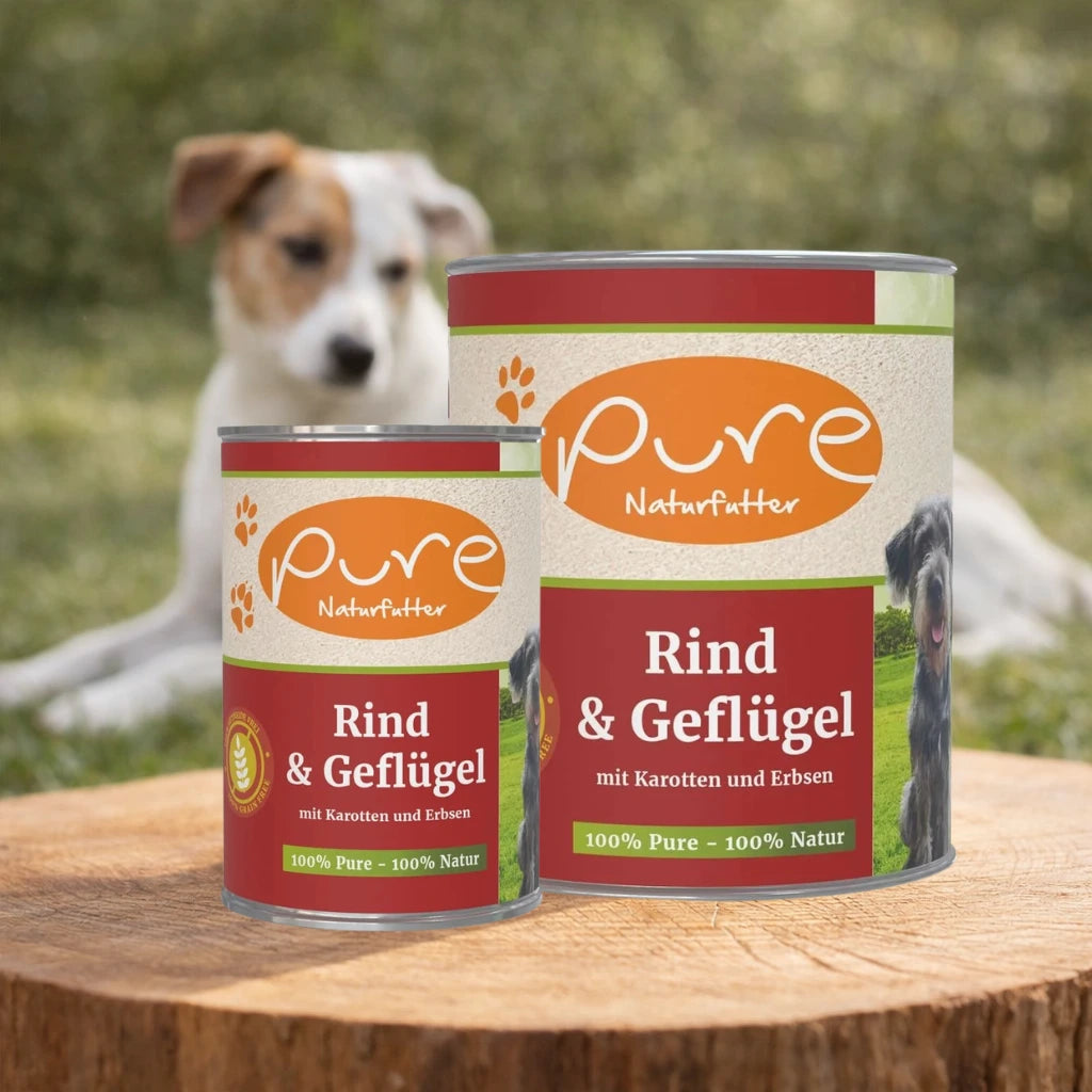 PURE Naturfutter Rind und Geflügel Nassfutter für Hunde, hochwertige Hundeernährung mit Karotten und Erbsen