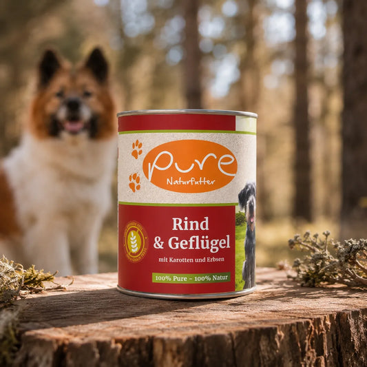 PURE Naturfutter Rind und Geflügel Nassfutter für Hunde mit Karotten und Erbsen