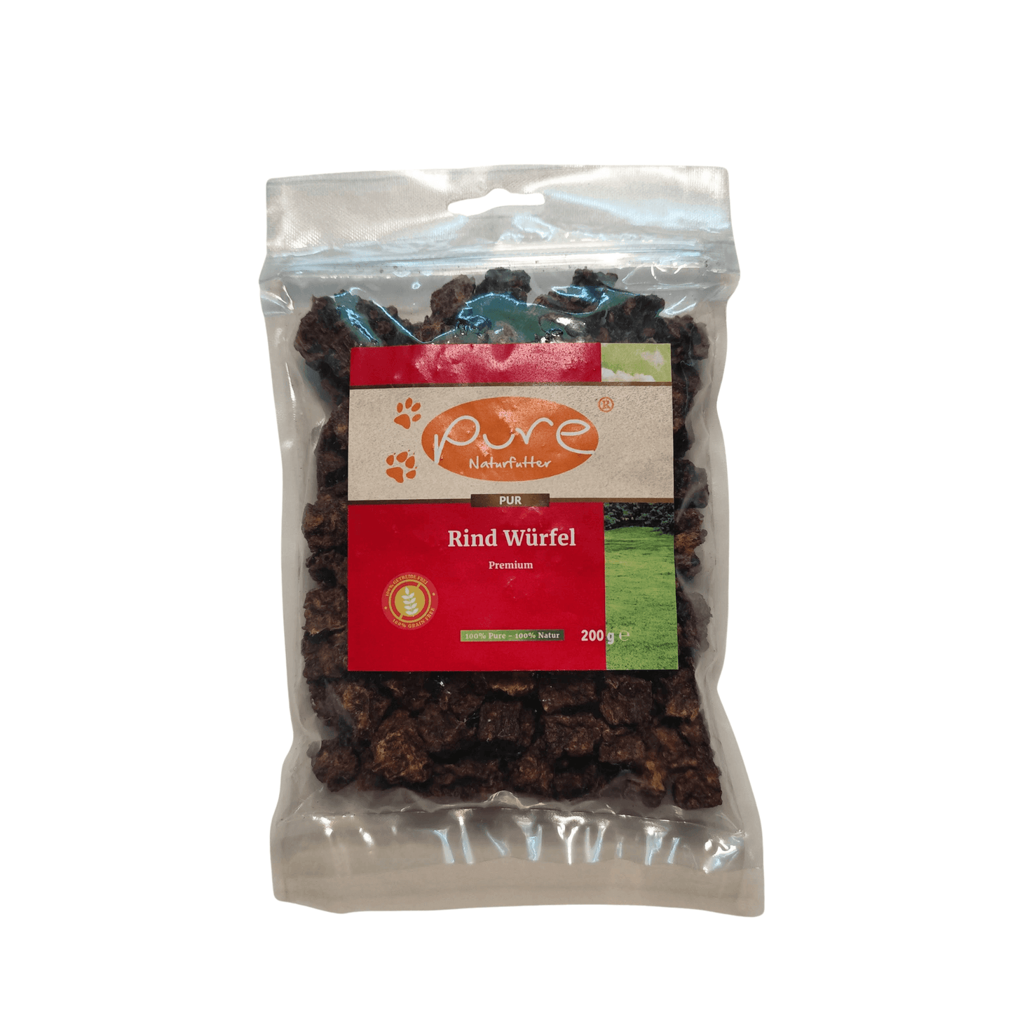 Rind Würfel von Pure Naturfutter – hochwertiger, getrockneter Fleischsnack für Hunde, Premium-Qualität, 200 g Packung, ideal für Training, Belohnung und gesunde Ernährung.
