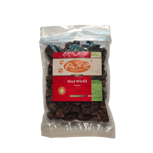 Rind Würfel von Pure Naturfutter – hochwertiger, getrockneter Fleischsnack für Hunde, Premium-Qualität, 200 g Packung, ideal für Training, Belohnung und gesunde Ernährung.