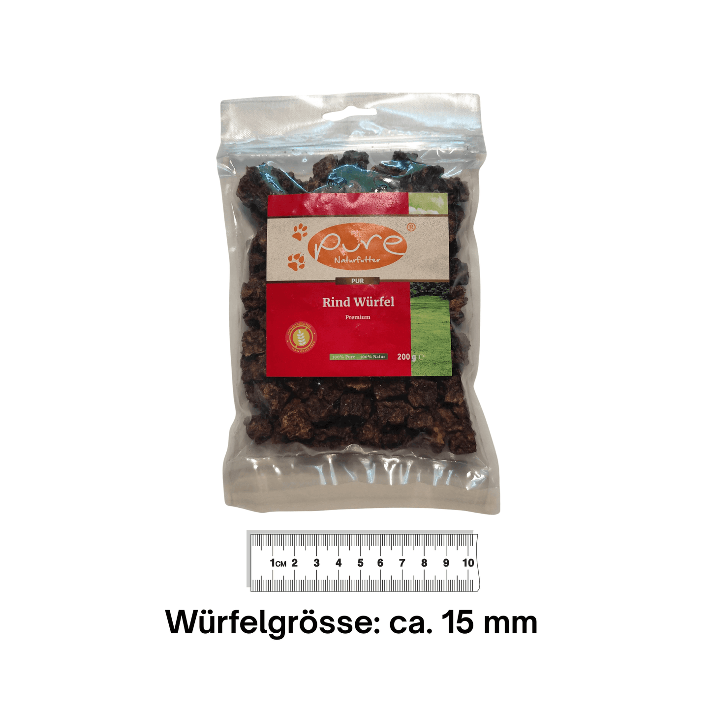 Pure Naturfutter Rind Würfel Premium 200 g – natürliche Fleischsnacks für Hunde, Würfelgröße ca. 15 mm, perfekt als Belohnung oder Trainingssnack, ohne künstliche Zusätze.