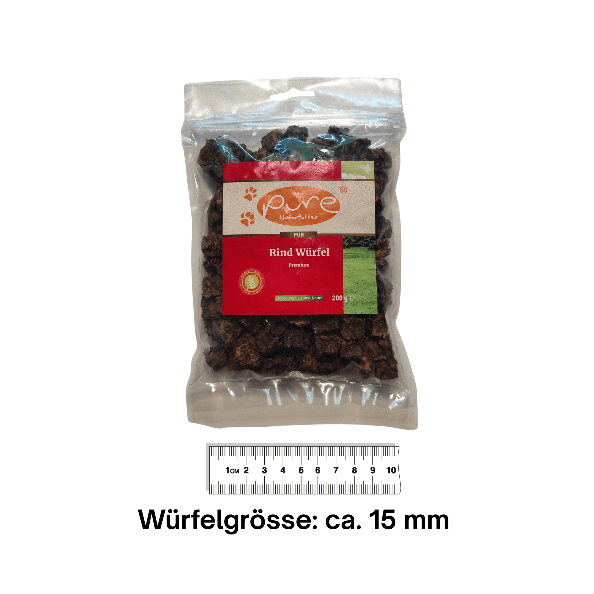 Pure Naturfutter Rind Würfel Premium 200 g – natürliche Fleischsnacks für Hunde, Würfelgröße ca. 15 mm, perfekt als Belohnung oder Trainingssnack, ohne künstliche Zusätze.