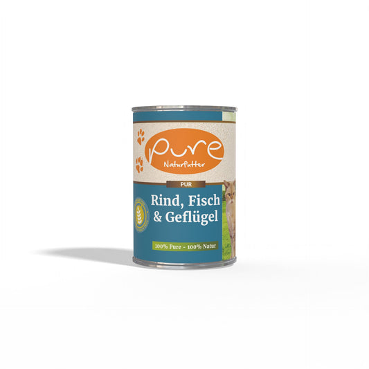 PURE Naturfutter Supreme Nature Dose Katzenmenü Rind, Fisch und Geflügel 400g – ausgewogenes Nassfutter für Katzen mit Rind, Fisch und Geflügel für eine gesunde Ernährung.