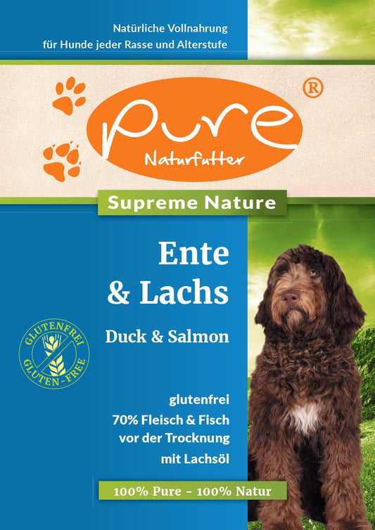 "PURE Naturfutter Supreme Nature Ente und Lachs 12kg – ausgewogenes Hundefutter mit Ente und Lachs, ideal für gesunde Ernährung und glänzendes Fell.