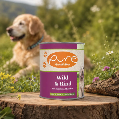 PURE Naturfutter Wild und Rind Nassfutter für Hunde mit Nudeln und Karotten