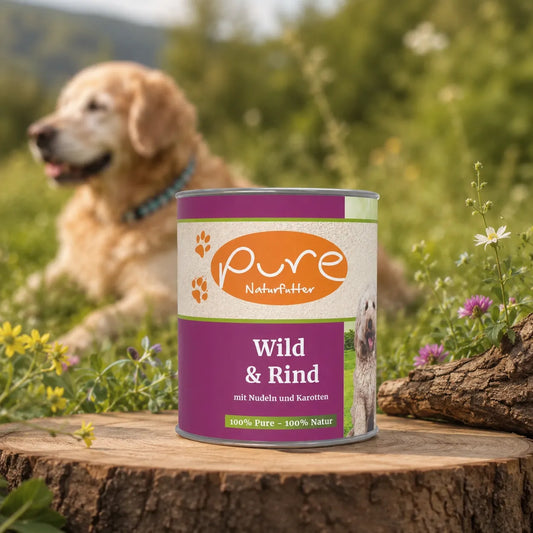 PURE Naturfutter Wild und Rind Nassfutter für Hunde mit Nudeln und Karotten