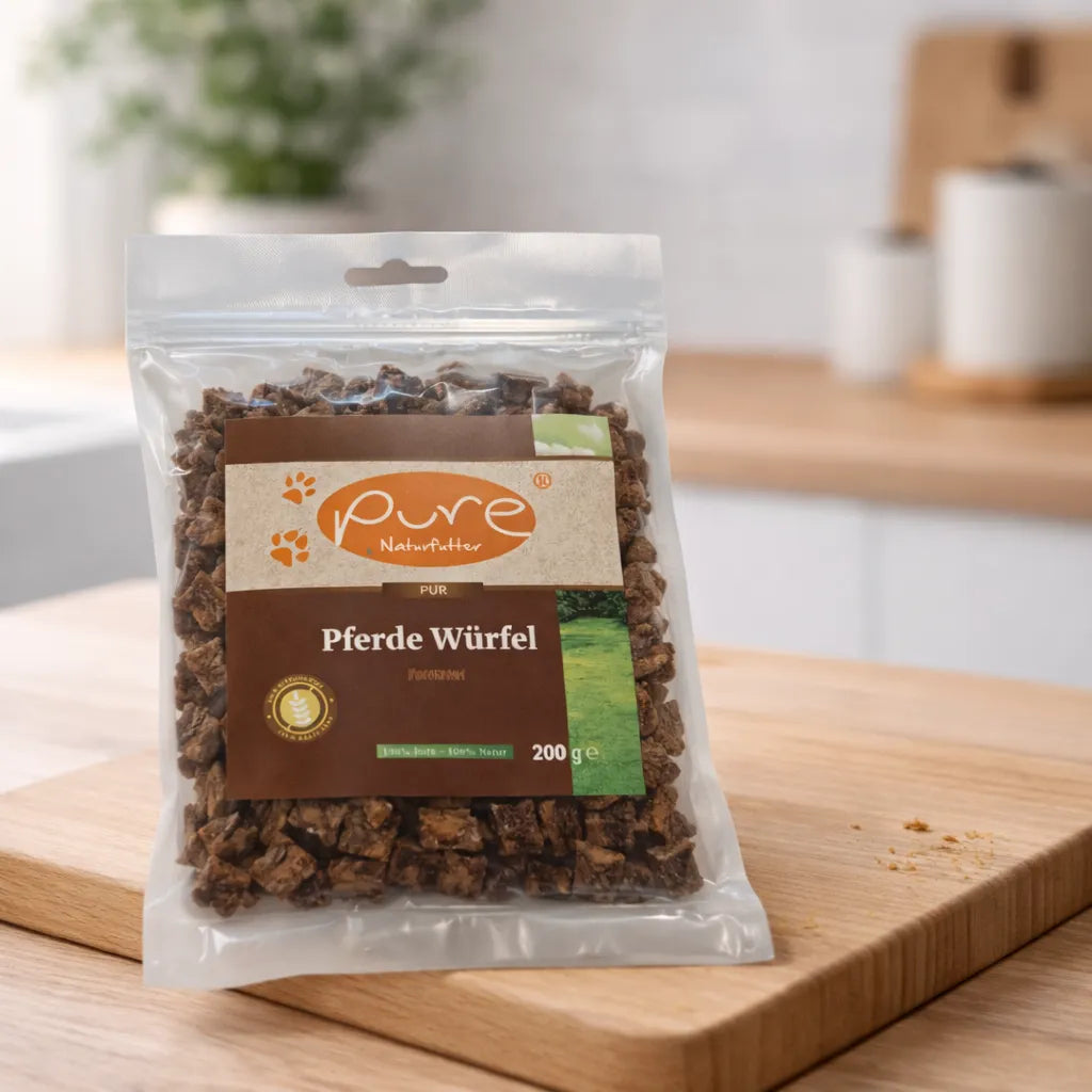 PURE Pferde Würfel Mini für Hunde auf Holzbrett, natürlicher Snack ohne Zusatzstoffe
