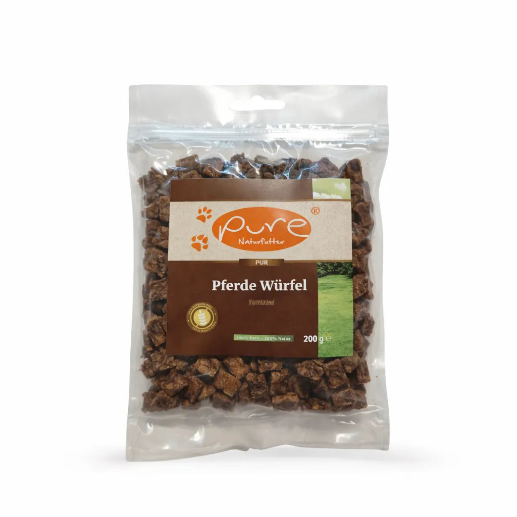 PURE Pferde Würfel Mini für Hunde in Verpackung, natürlicher Snack aus 100 Prozent Pferd