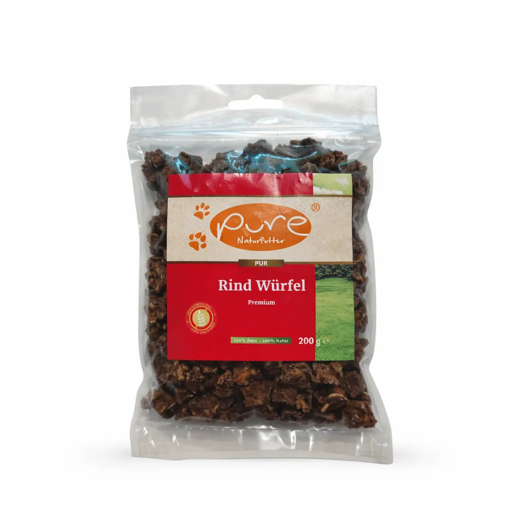 PURE Rind Würfel Premium für Hunde in Verpackung, natürlicher Trainingssnack aus Rindfleisch