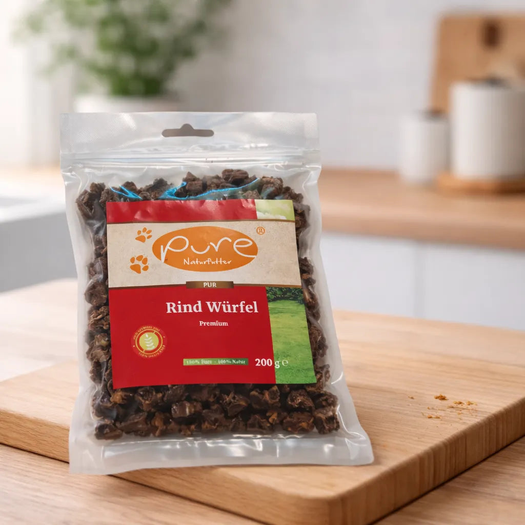PURE Rind Würfel Premium für Hunde auf Holzbrett, natürlicher Belohnungssnack aus Rind