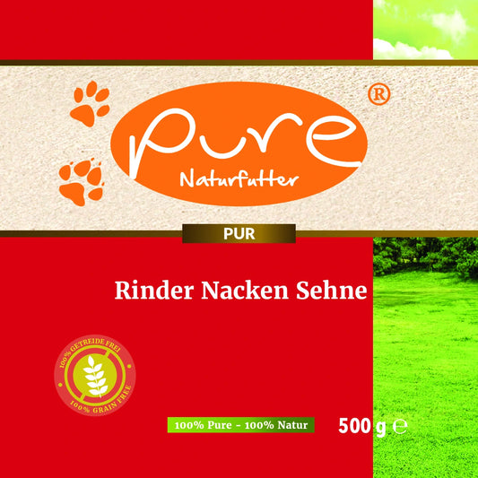 PURE Rinder Nacken Sehne 500 g – Vorderseite der Verpackung (Kausnack für Hunde)