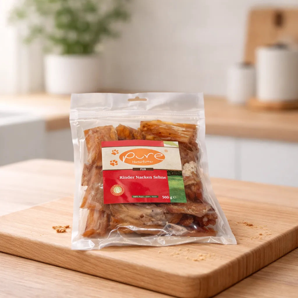 PURE Rinder Nacken Sehne Hundesnack auf Holzbrett, schonend getrockneter Naturkauartikel