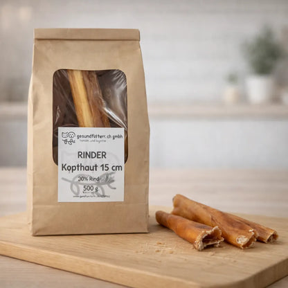 Rinder Kopfhaut 15 cm für Hunde, natürlicher Kausnack aus Rind, harter Kauartikel schonend getrocknet