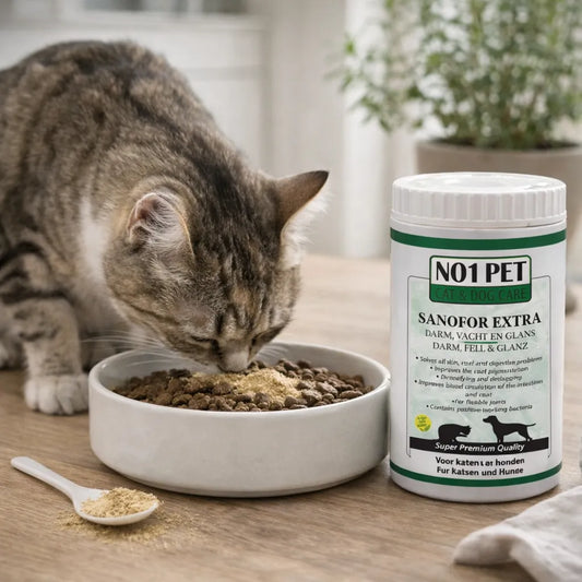 Katze frisst Futter mit Sanofor Extra als natürliche Nahrungsergänzung für Verdauung und Fell