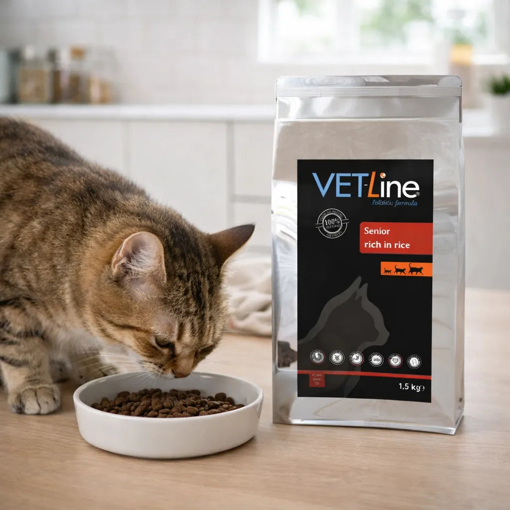 Senior Katzenfutter Trockenfutter von VET-Line neben fressender Katze im Küchenbereich