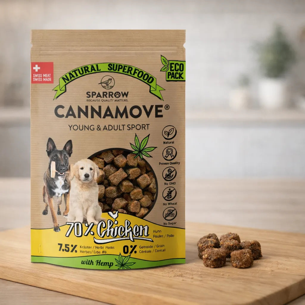 Sparrow Cannamove Hundefutter 70 Prozent Huhn, getreidefreies Trockenfutter mit Hanf für aktive Hunde