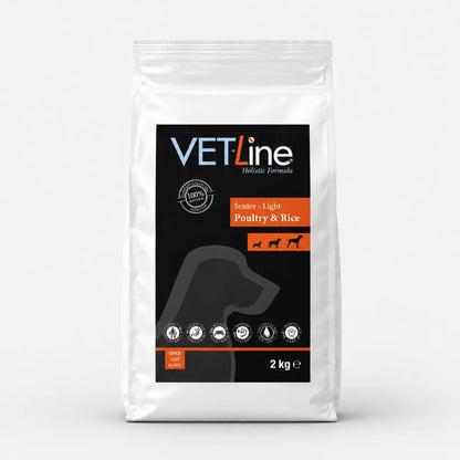 VET-Line Geflügel & Reis Senior Light Hundefutter 2 kg im weissen Futtersack