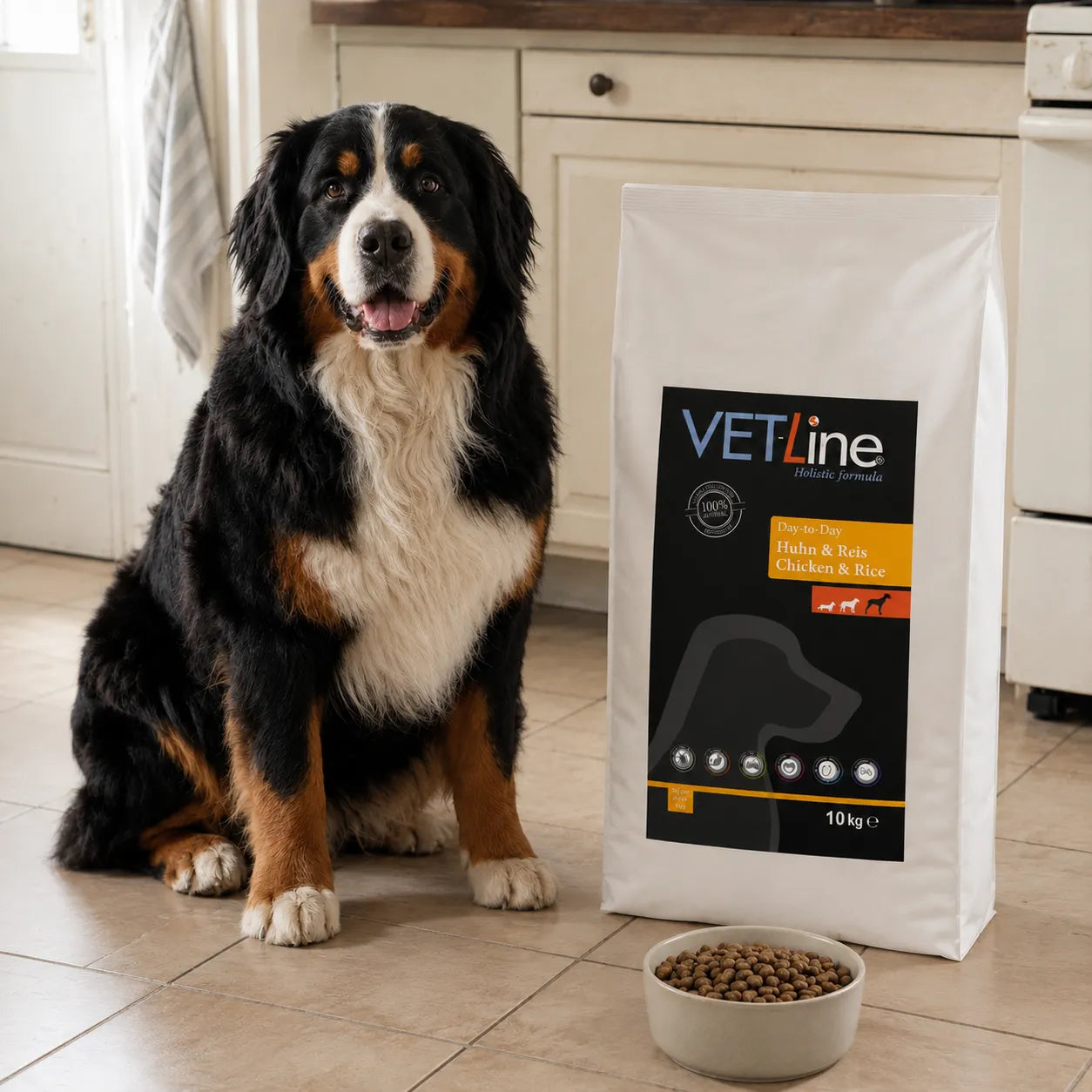 Berner Sennenhund neben VET-Line Huhn & Reis Large Adult Hundefutter 10 kg in heller Küche