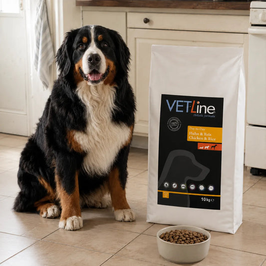 Berner Sennenhund neben VET-Line Huhn & Reis Large Adult Hundefutter 10 kg in heller Küche