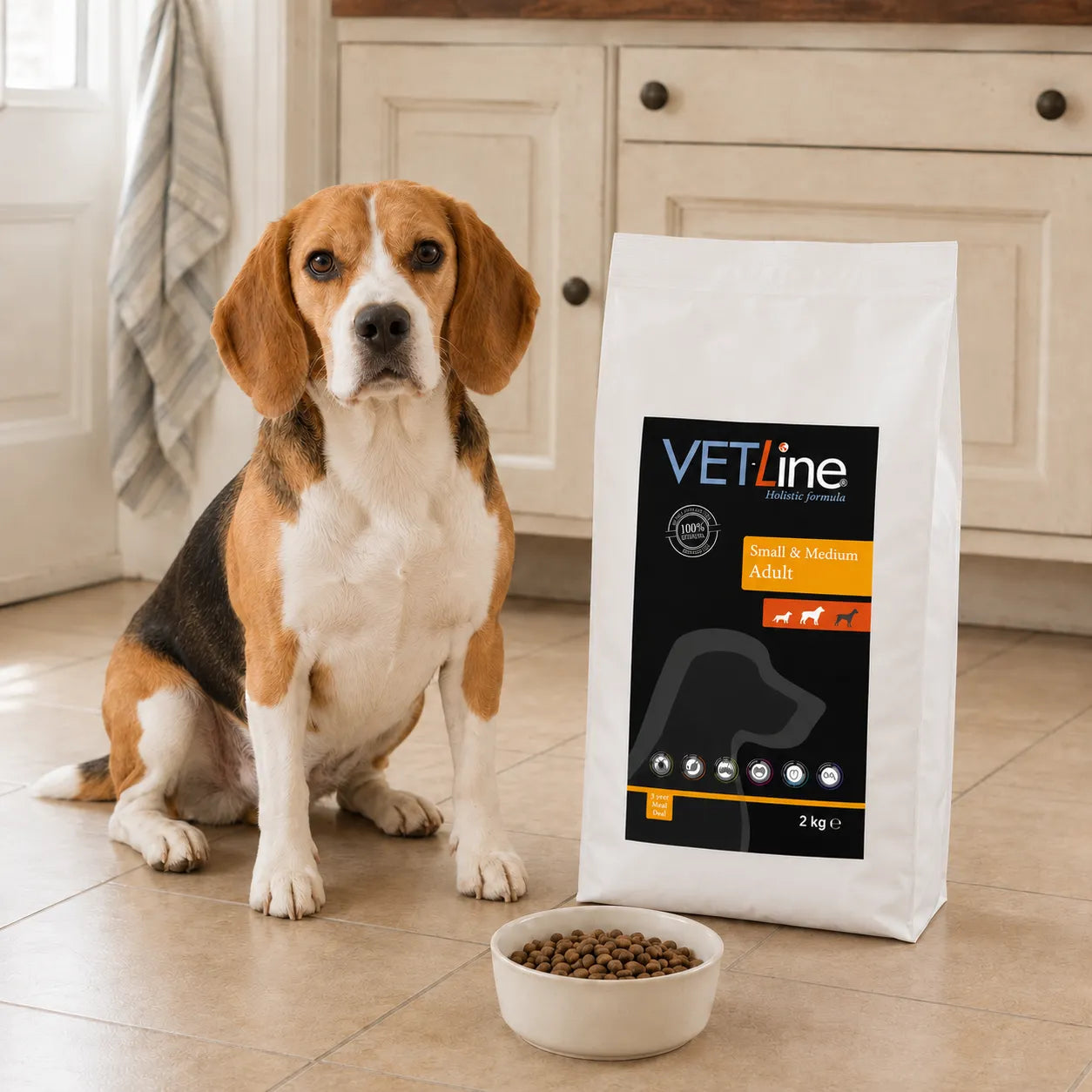 Hund neben VET-Line Huhn & Reis Small & Medium Adult Hundefutter 2 kg in heller Küche