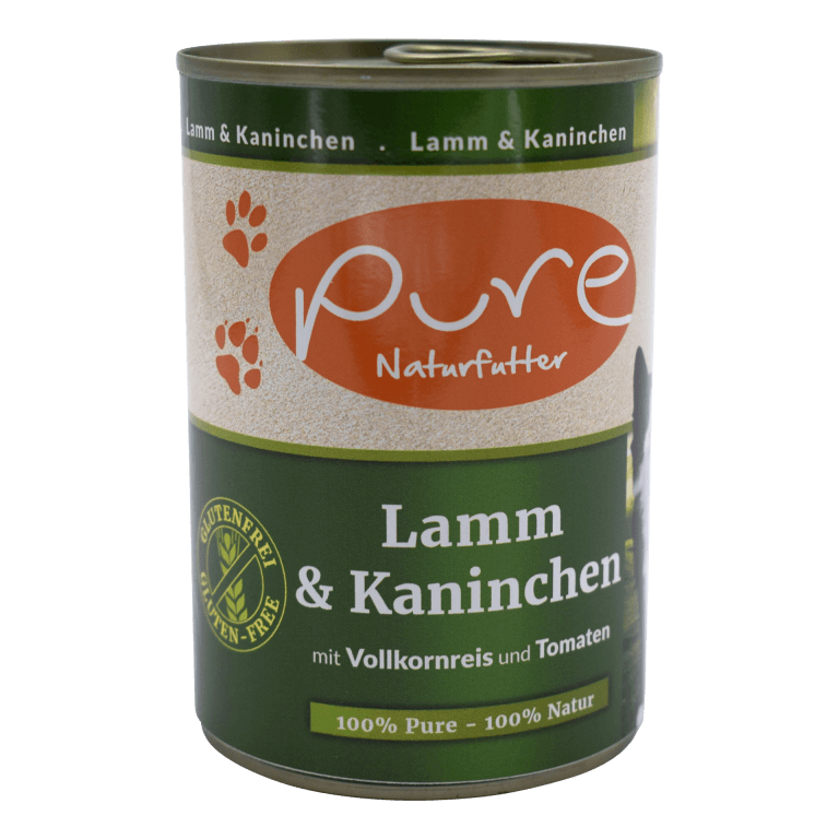 PURE Katzenmenü Lamm & Kaninchen 400g mit Vollkornreis und Tomaten