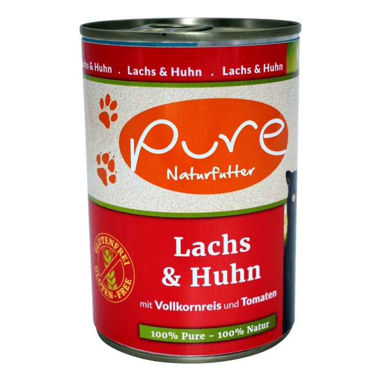 PURE Katzenmenü Lachs & Huhn 400g mit Vollkornreis und Tomaten